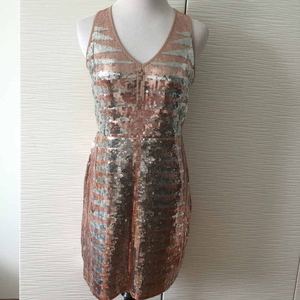 Bebe Rose Gold Stripped Sequin Dress